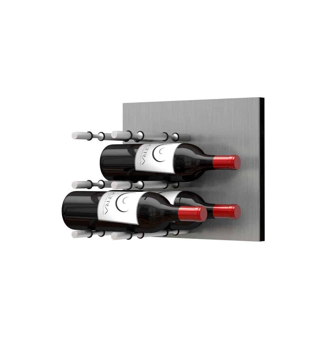Wine bottle wall rack with silver pegs, displaying two dark wine bottles on metal panel