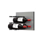 Wine bottle wall rack with black pegs displaying two red-topped wine bottles on metal panel
