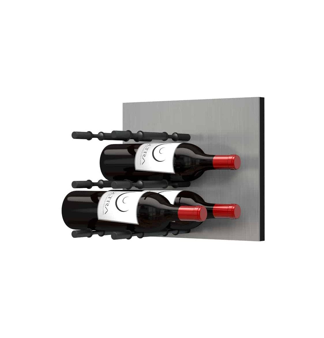 Wine bottle wall rack with black pegs displaying two red-topped wine bottles on metal panel