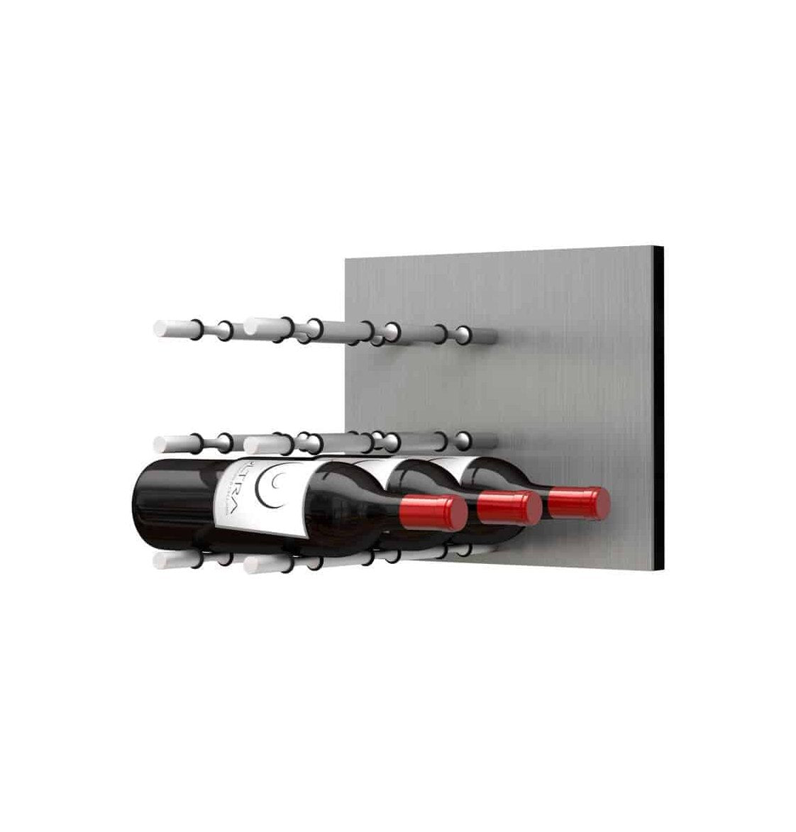 Wine bottle wall rack showing silver pegs and two wine bottles from the side