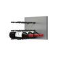 Wine bottle display wall with matte black pegs holding two label-out red wine bottles
