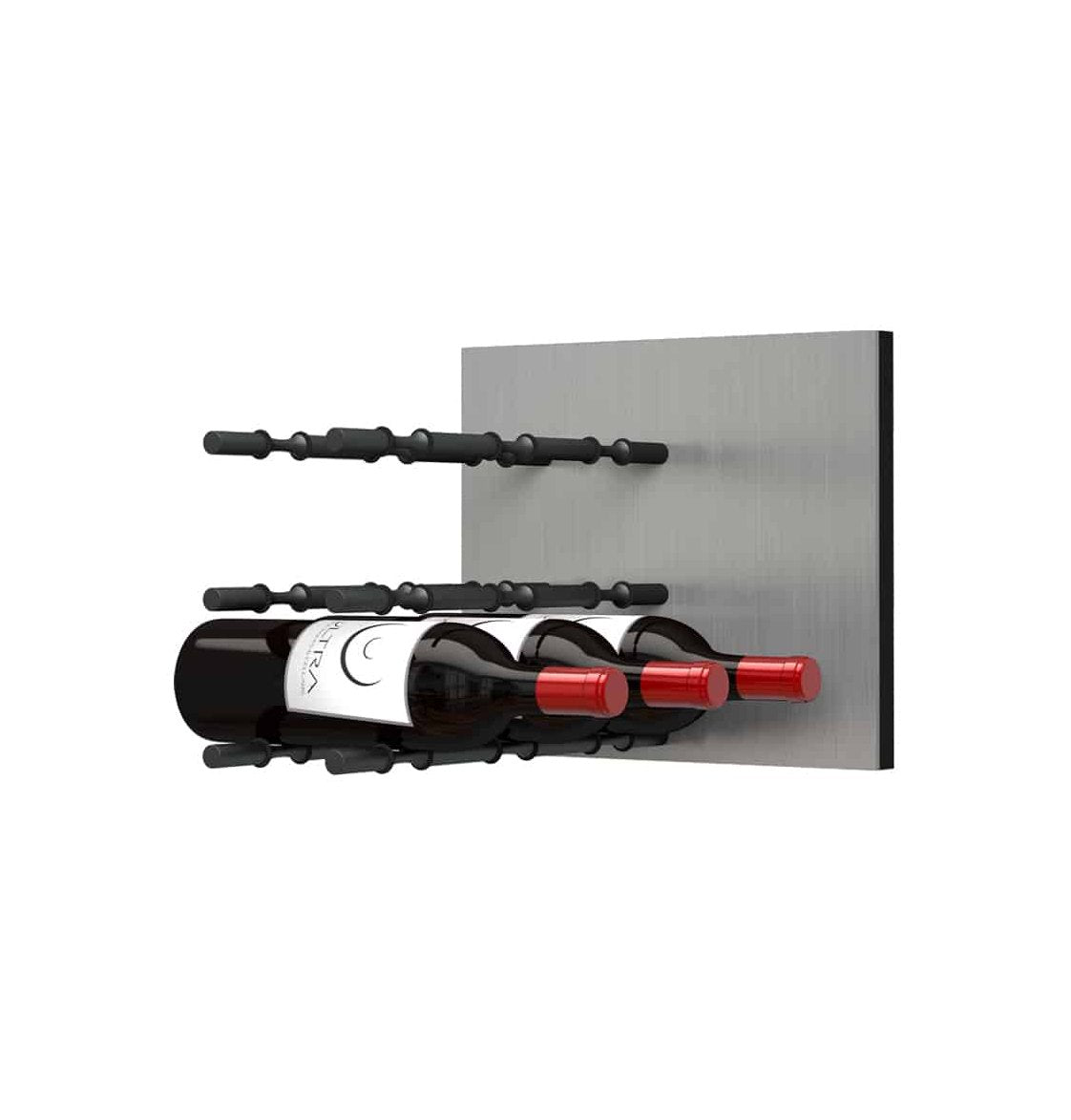 Wine bottle display wall with matte black pegs holding two label-out red wine bottles
