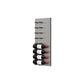 Wine bottle display wall with matte black pegs holding four label-out red wine bottles