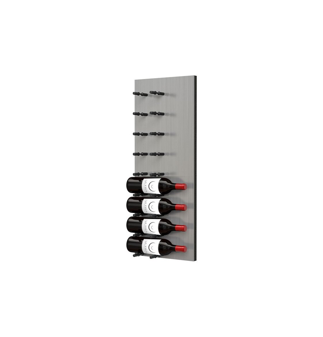 Wine bottle display wall with matte black pegs holding four label-out red wine bottles
