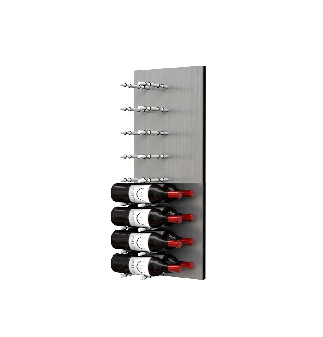 Wine bottle display wall with brushed aluminum pegs holding four label-out red wine bottles
