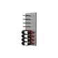 Wine bottle wall rack on metal panel with black pegs and several displayed bottles