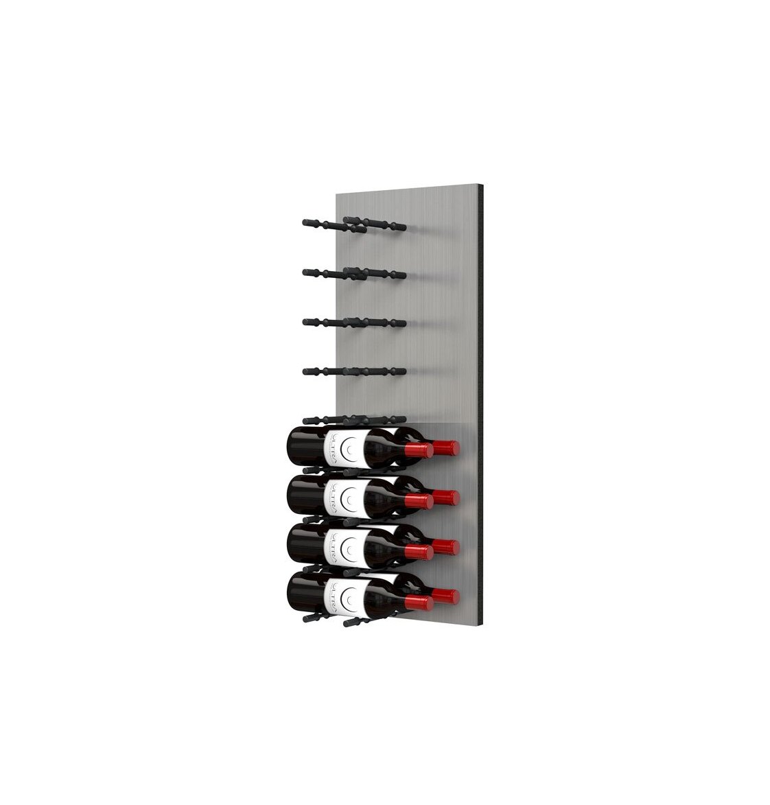 Wine bottle wall rack on metal panel with black pegs and several displayed bottles