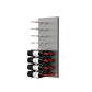 Wine bottle display wall with brushed aluminum pegs holding four label-out red wine bottles