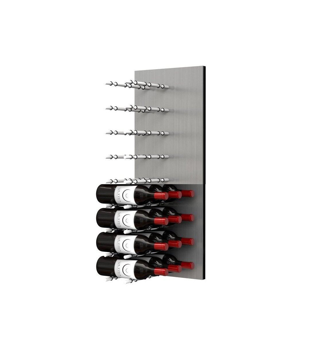 Wine bottle display wall with brushed aluminum pegs holding four label-out red wine bottles