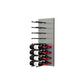 Wine bottle wall rack with black pegs on metal panel, multiple bottles arranged vertically
