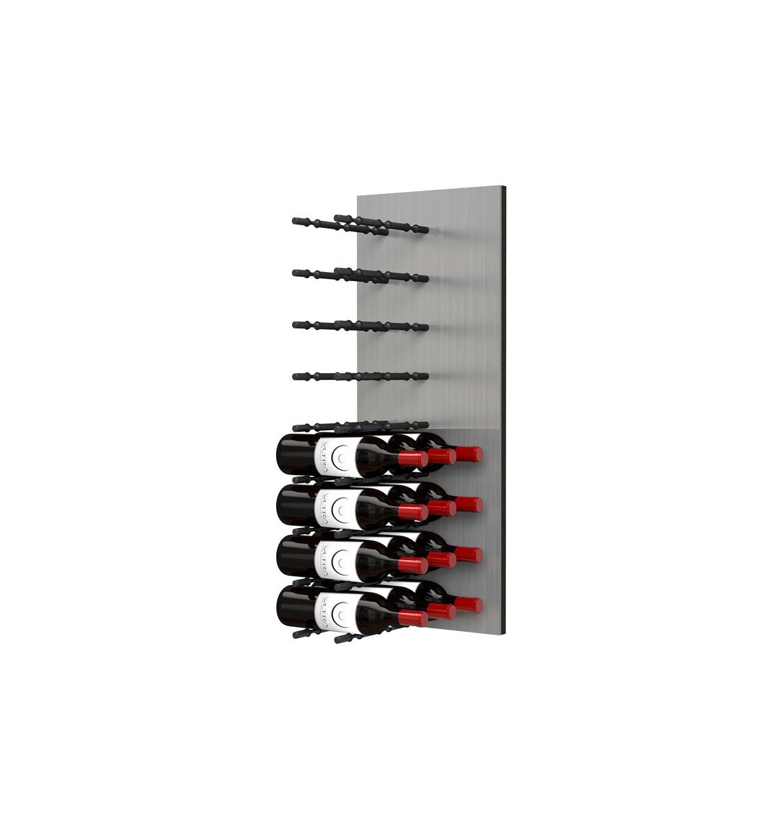 Wine bottle wall rack with black pegs on metal panel, multiple bottles arranged vertically