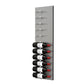 Wine bottle wall rack with white pegs on metal panel holding multiple bottles