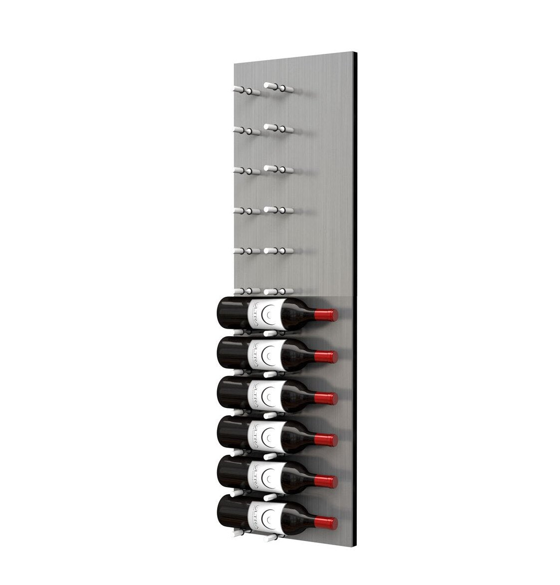 Wine bottle wall rack with white pegs on metal panel holding multiple bottles