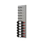 Wine bottle display wall with satin aluminum pegs holding four label-out red wine bottles