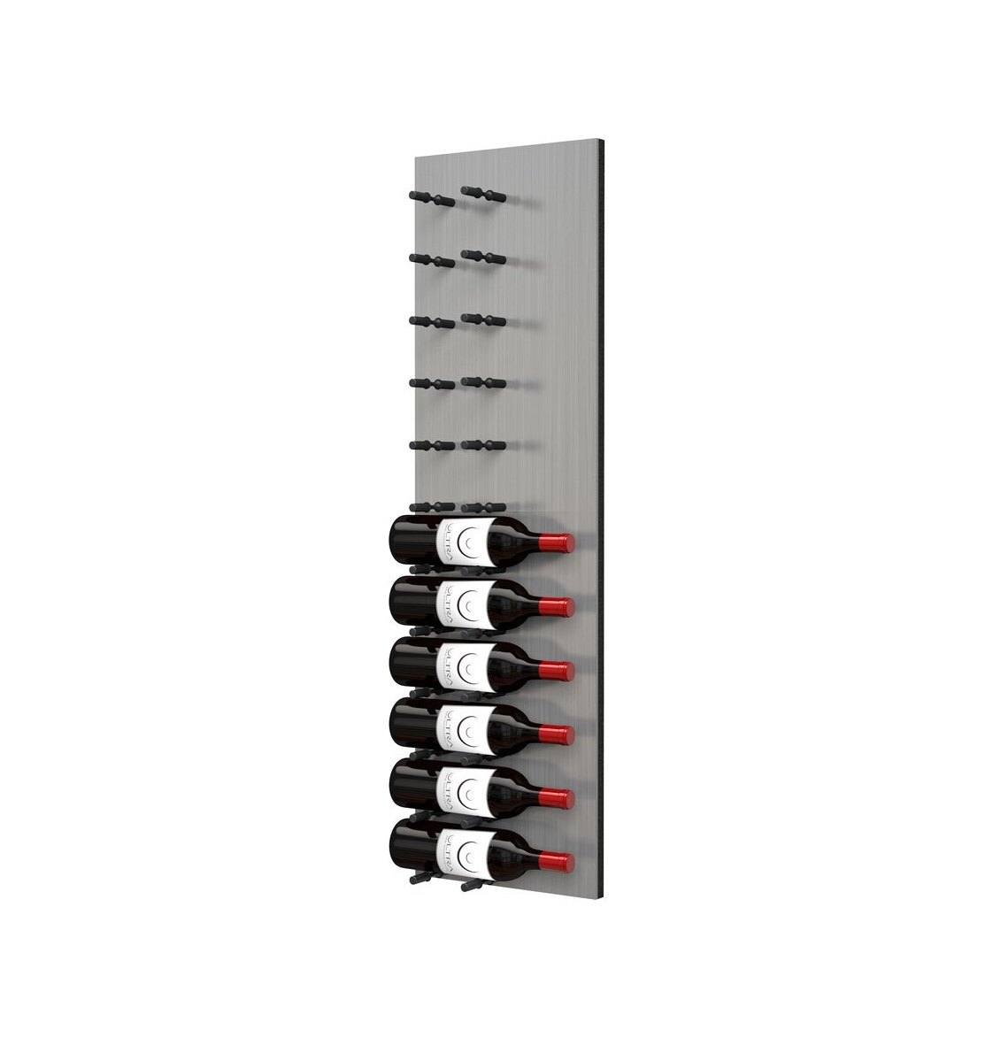 Wine bottle display wall with satin aluminum pegs holding four label-out red wine bottles