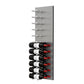Wine bottle wall rack with white pegs on metal panel holding multiple wine bottles
