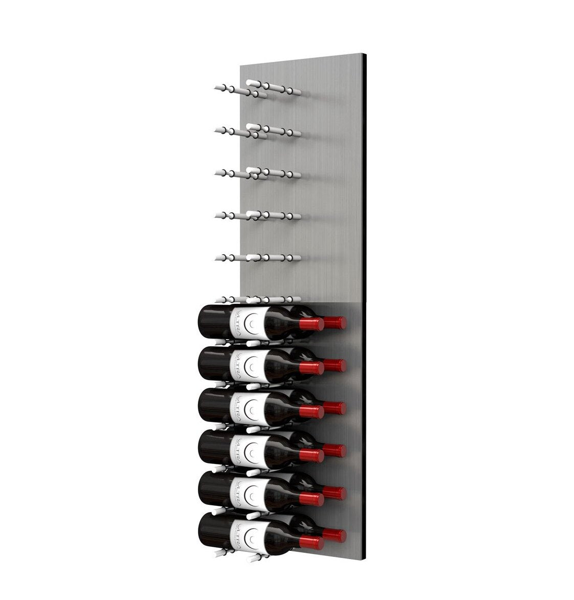Wine bottle wall rack with white pegs on metal panel holding multiple wine bottles