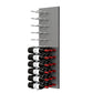 Wine bottle wall rack with white pegs on metal panel and rows of bottles