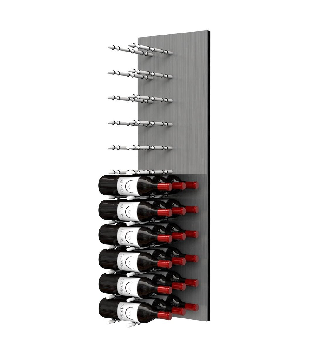 Wine bottle wall rack with white pegs on metal panel and rows of bottles