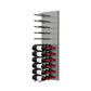 Wine bottle wall rack with black pegs on metal panel holding several wine bottles