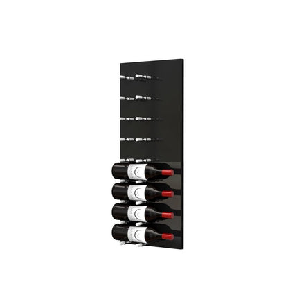 Black acrylic wine rack panel with horizontal pegs holding wine bottles