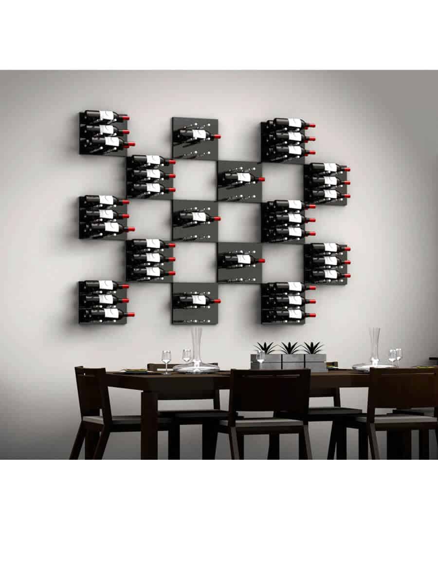 Black wine wall rack with multiple horizontal pegs holding bottles in a grid