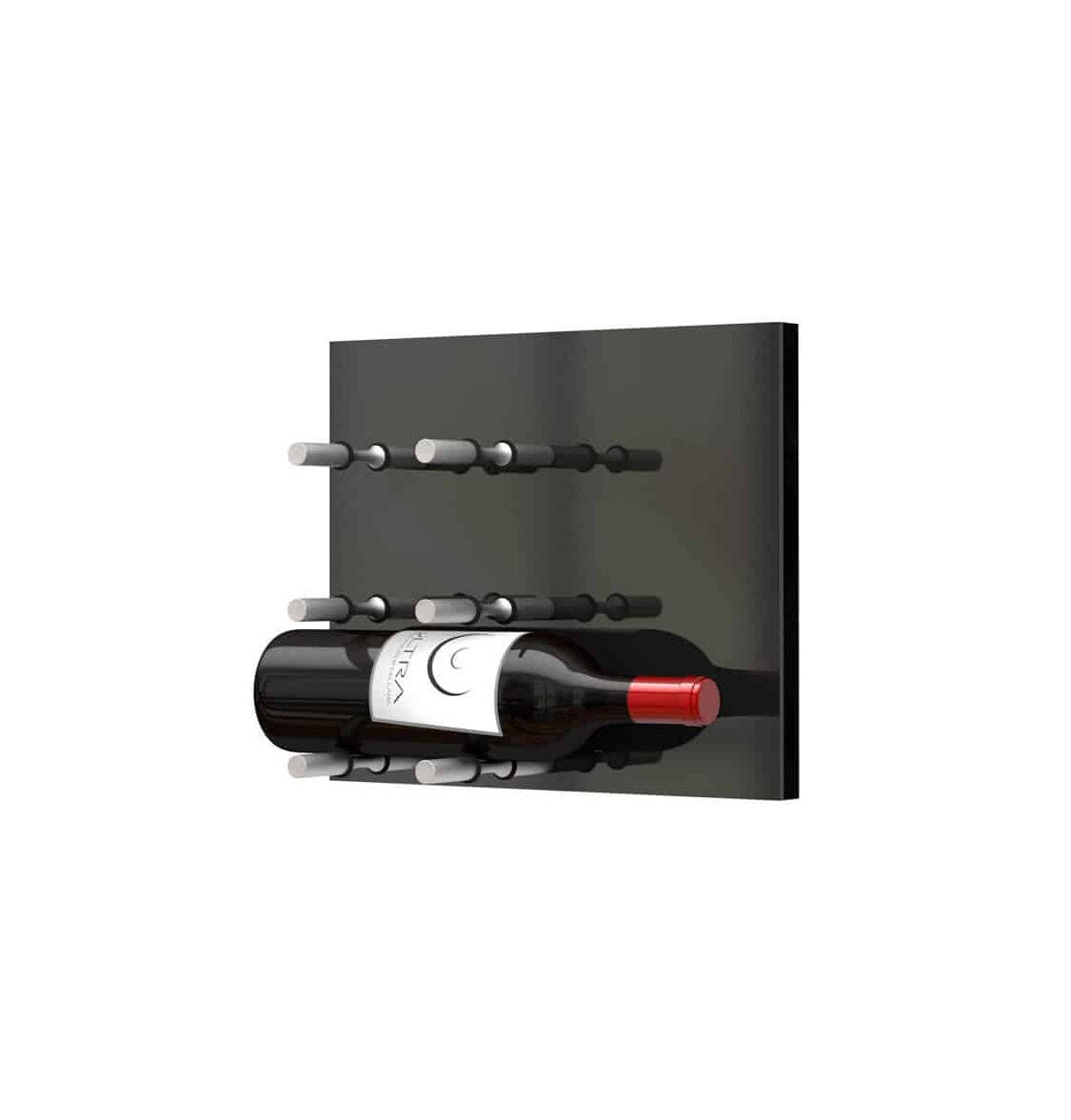 Black acrylic wine wall rack with horizontal pegs and two wine bottles