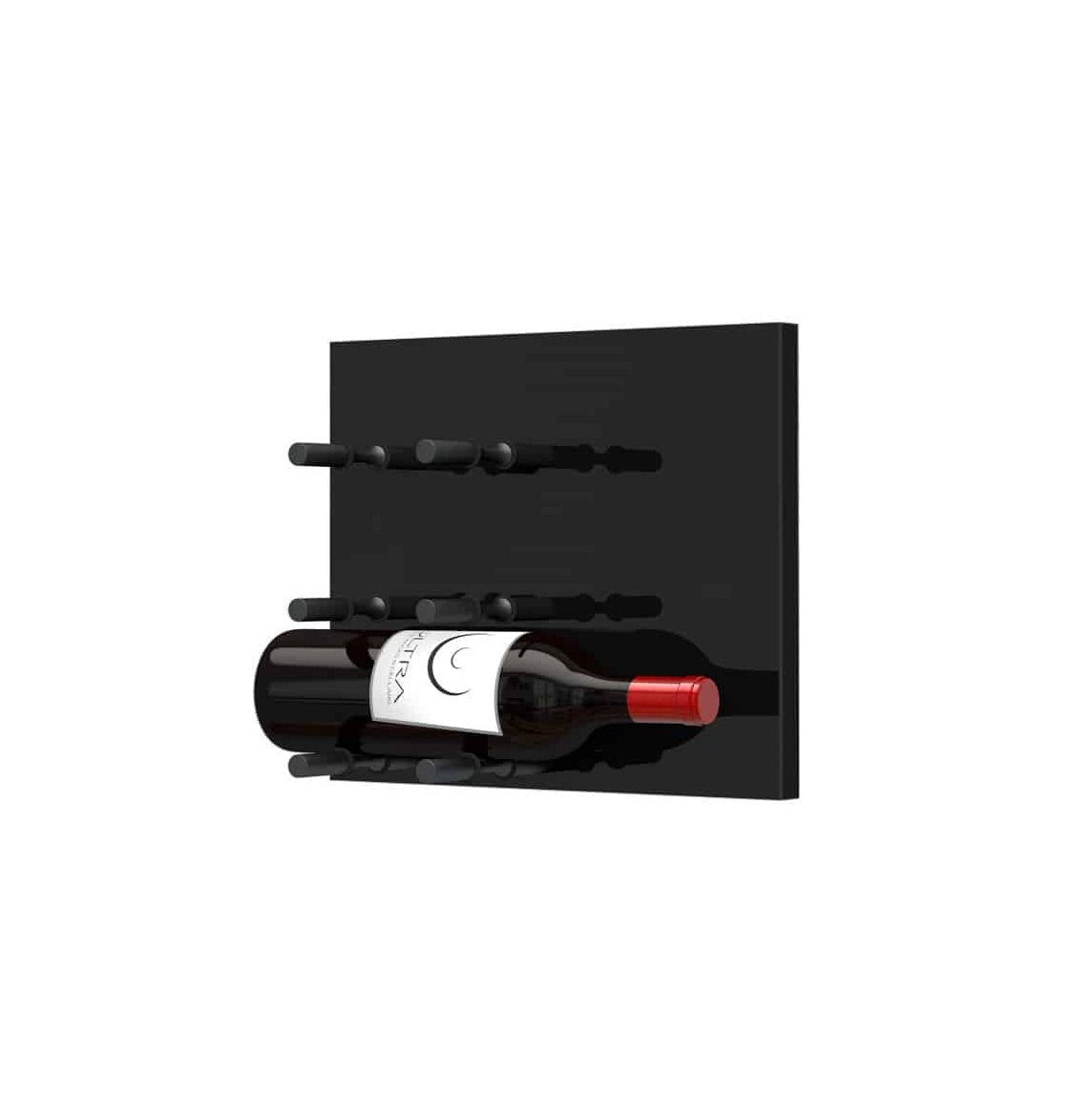 Black acrylic wine rack panel with horizontal pegs and two wine bottles