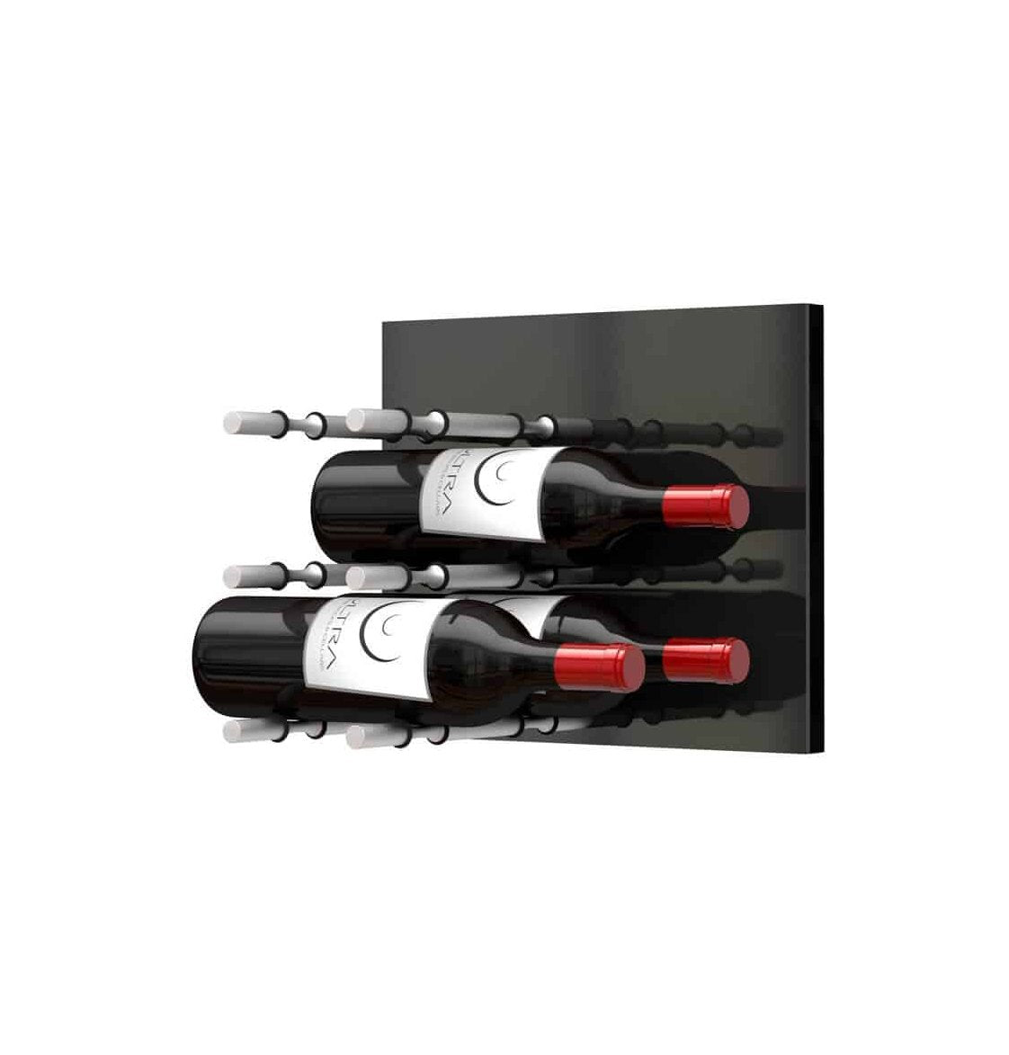 Black acrylic wine wall rack with horizontal pegs and two wine bottles