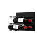 Black acrylic wine bottle wall rack with pegs holding bottles, close side view.