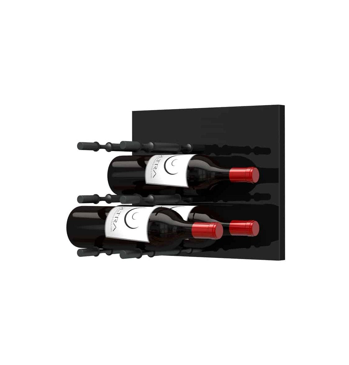 Black acrylic wine bottle wall rack with pegs holding bottles, close side view.