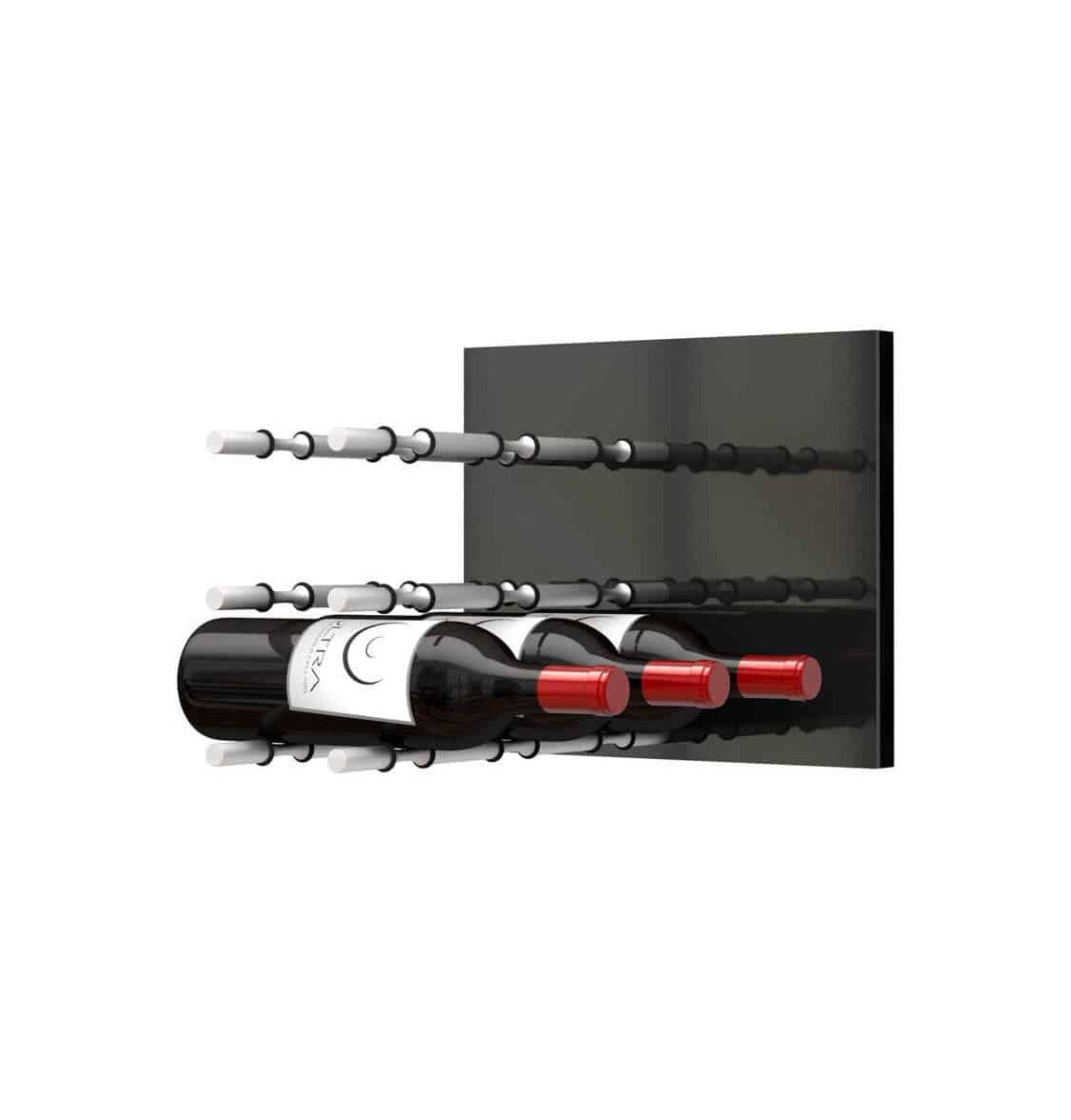 Black acrylic wine bottle wall rack, angled view with pegs and several bottles visible.