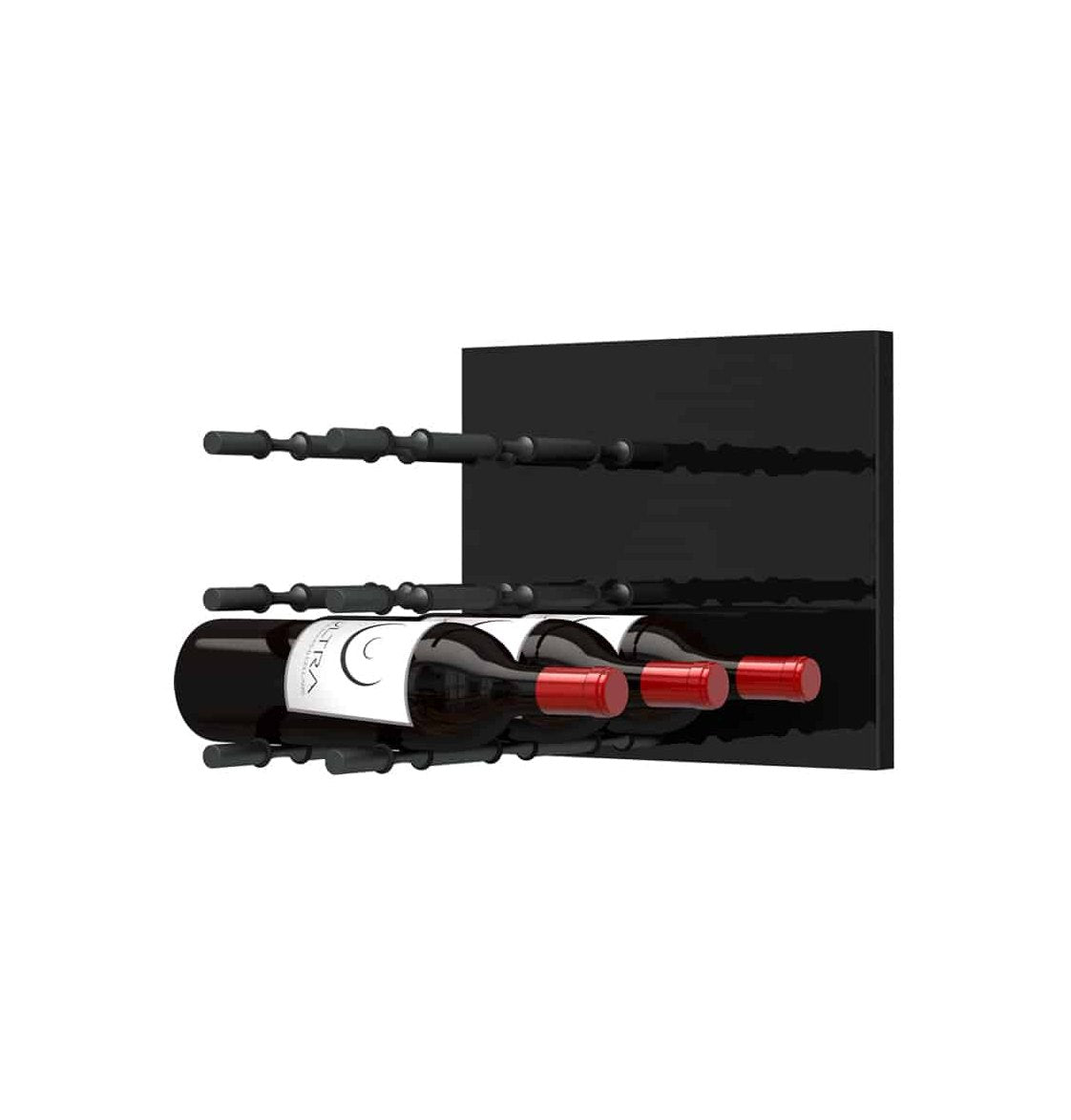 Black acrylic wine rack panel with two wine bottles and two rows of pegs