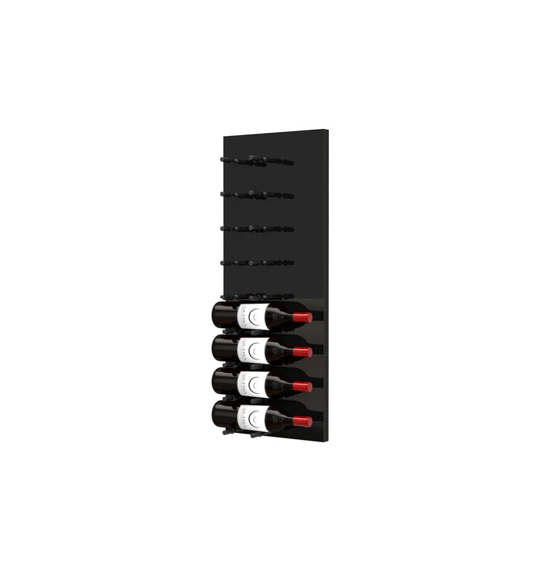 Black acrylic wall-mounted wine rack with horizontal pegs holding wine bottles
