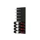 Black acrylic wine bottle wall rack with horizontal pegs and stacked wine bottles.