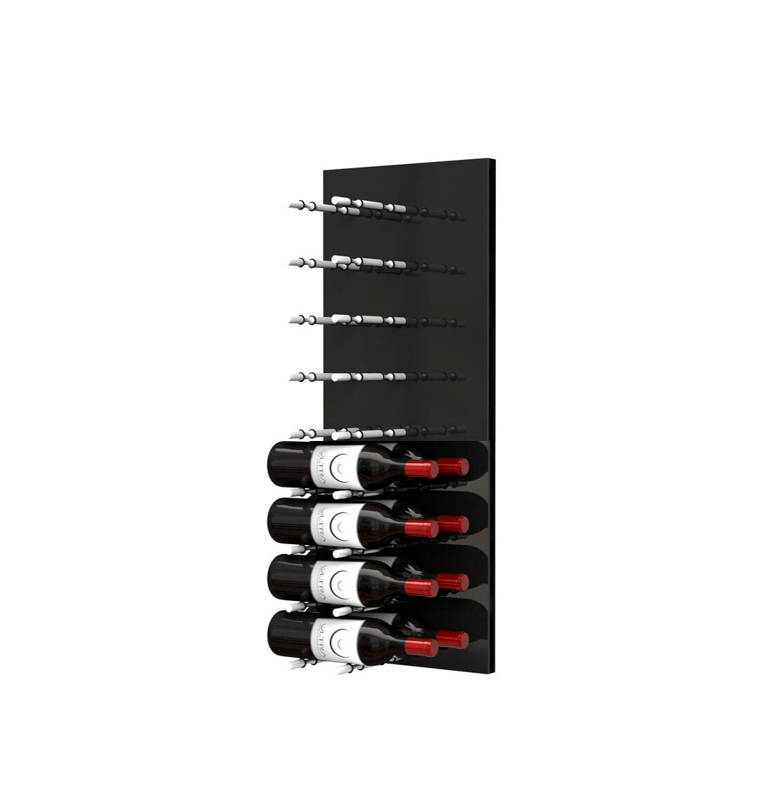 Black acrylic wine bottle wall rack with horizontal pegs and stacked wine bottles.