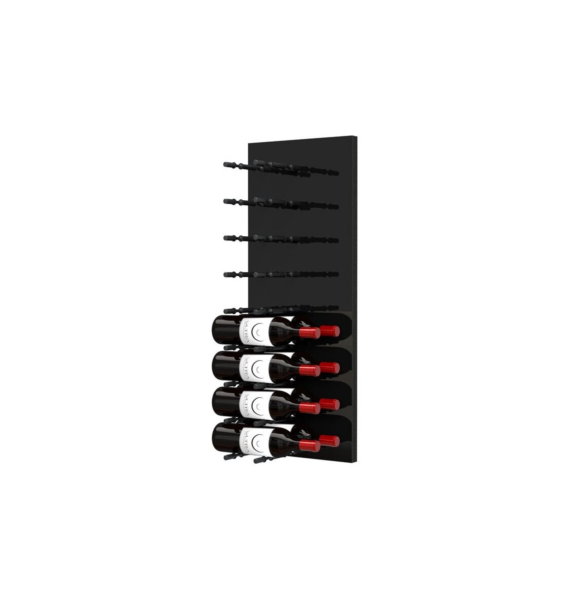 Black acrylic wine rack panel with horizontal pegs and four wine bottles