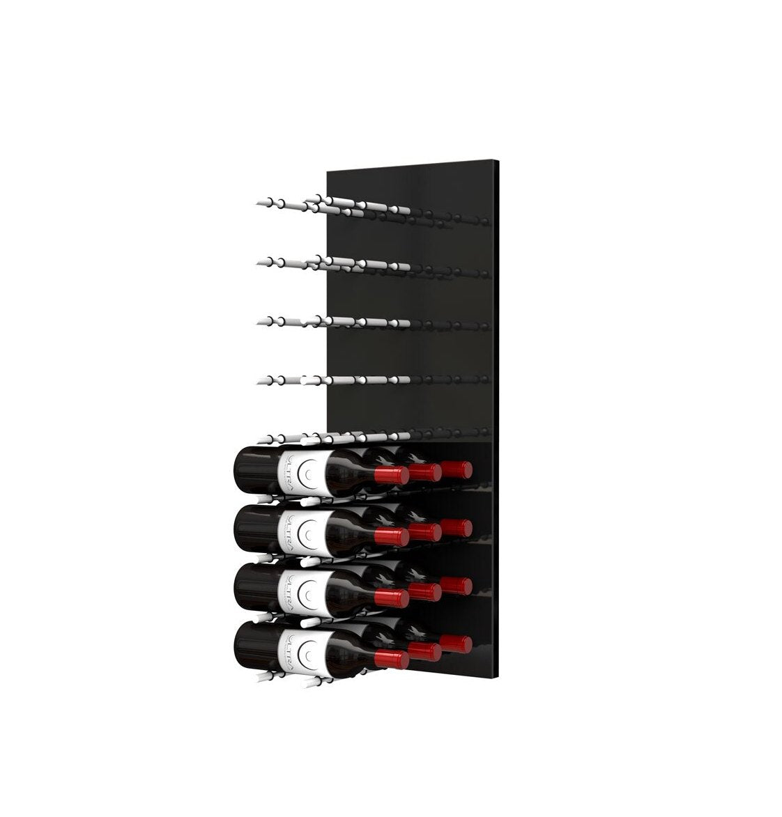 Black acrylic wine bottle wall rack with label pegs holding five bottles