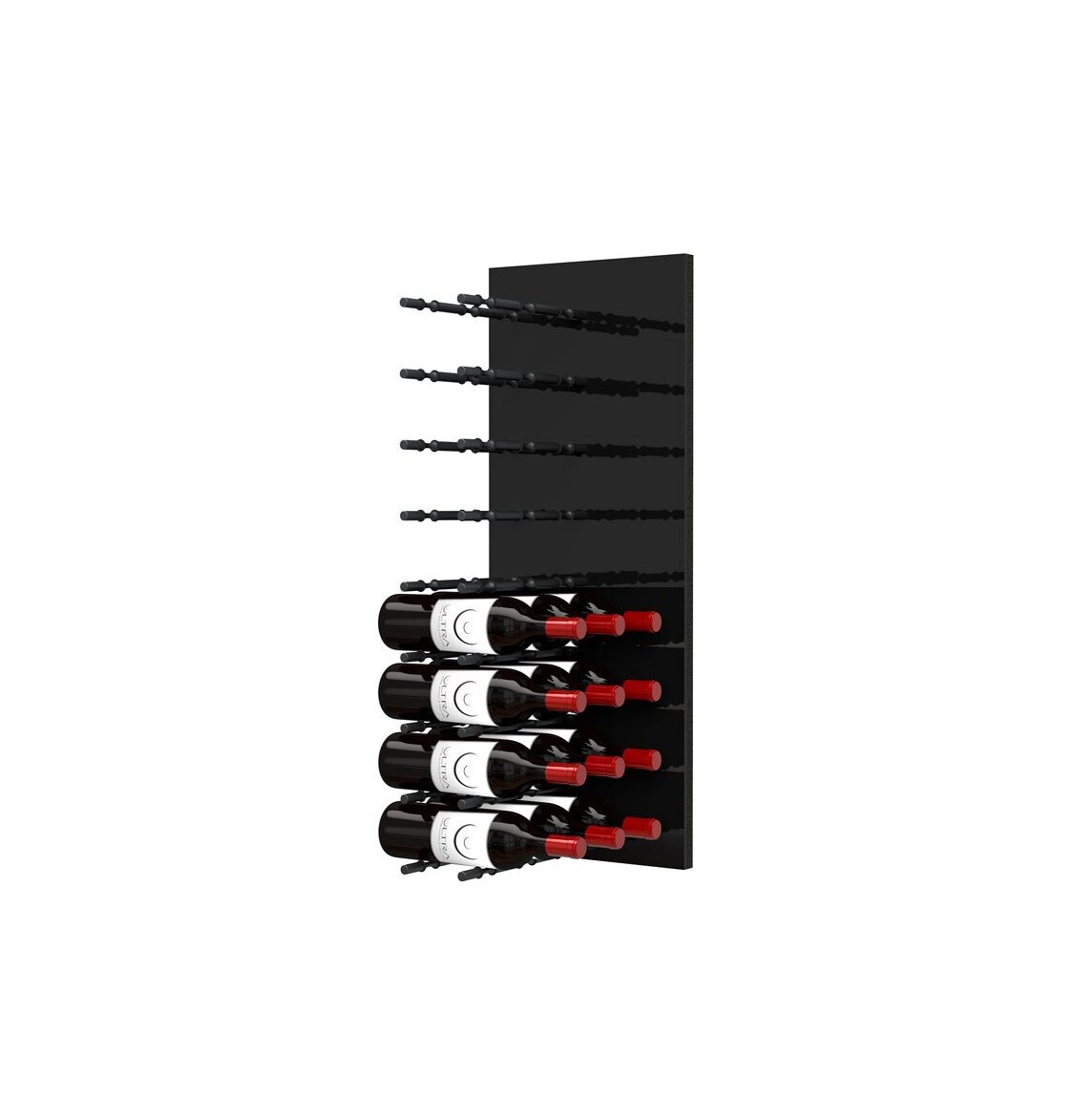 Black acrylic wine bottle wall rack with peg rows and several wine bottles stored below.