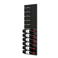 Black acrylic wine bottle wall rack, front view with peg rows and multiple bottles stored.