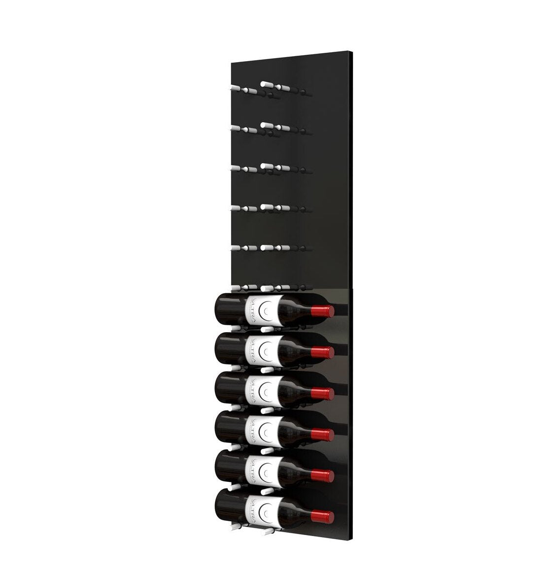 Black acrylic wine bottle wall rack, front view with peg rows and multiple bottles stored.