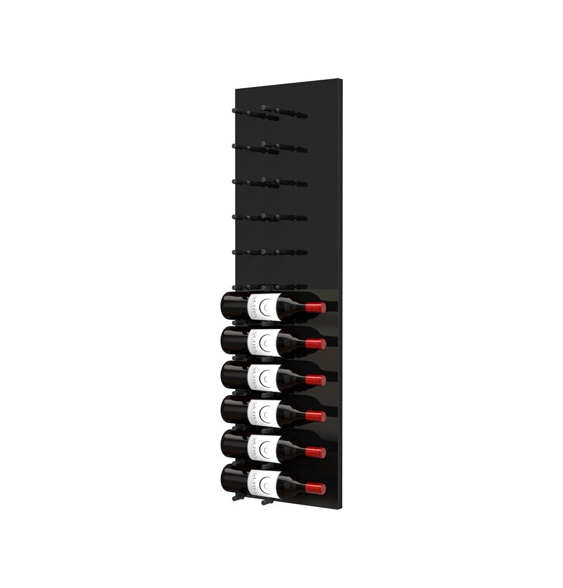 Tall black acrylic wine rack with horizontal pegs holding multiple wine bottles