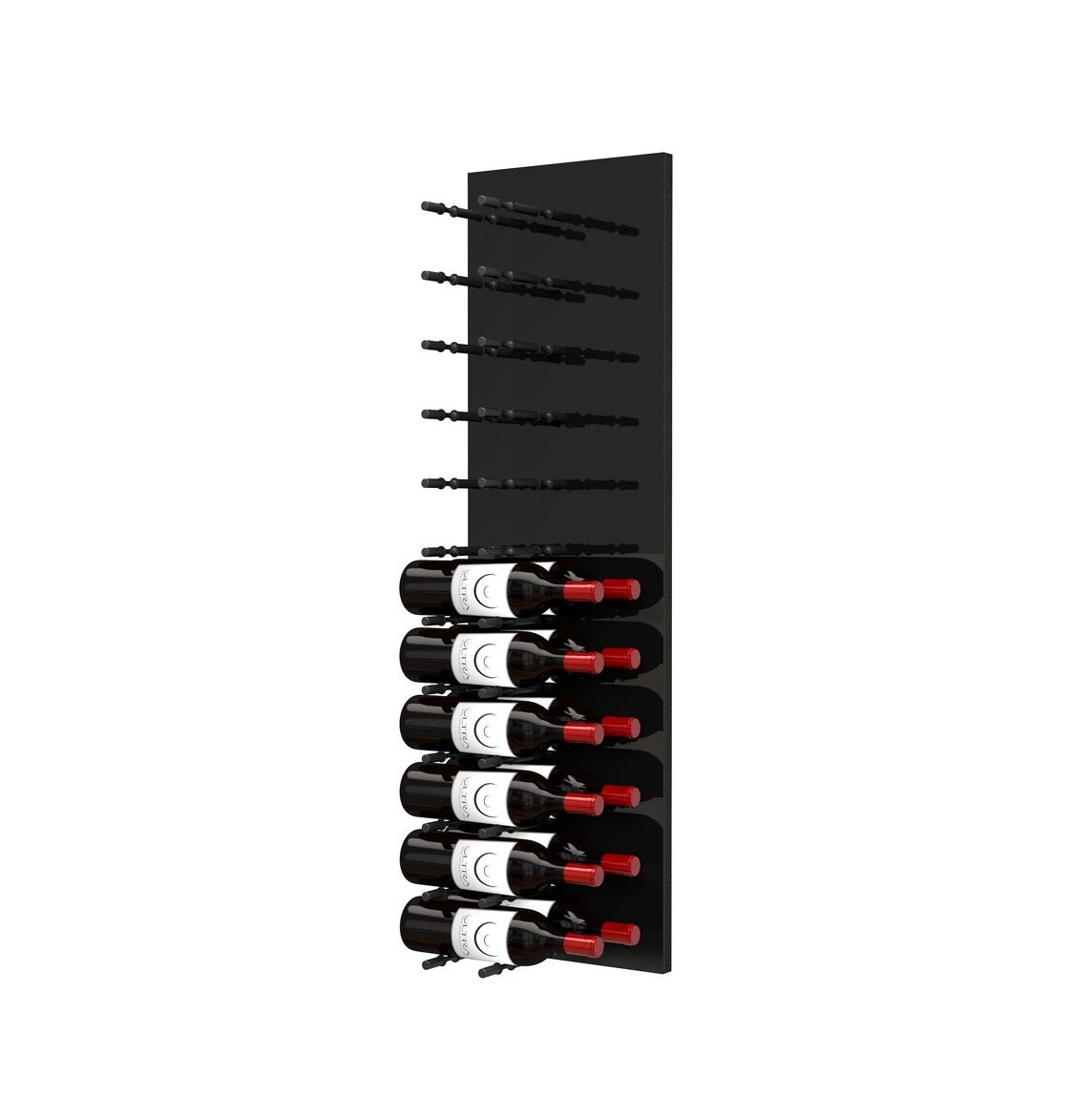 Black acrylic wine bottle wall rack with several peg rows and stacked bottles at base.