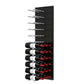Black acrylic wine bottle wall rack with staggered label pegs holding multiple bottles