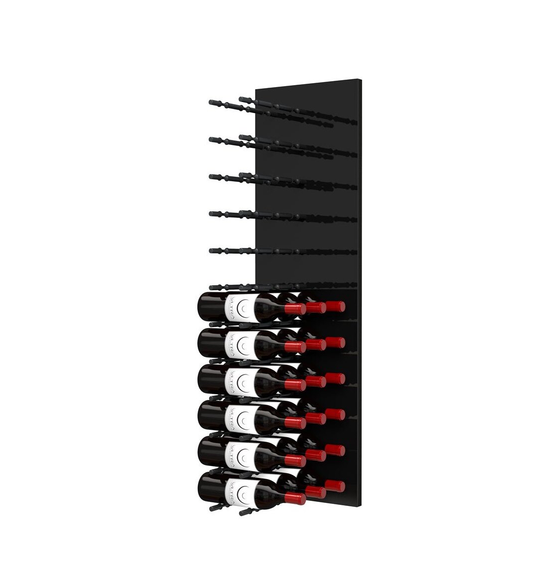 Black acrylic wine bottle wall rack, angled view with peg rows and stacked bottles.