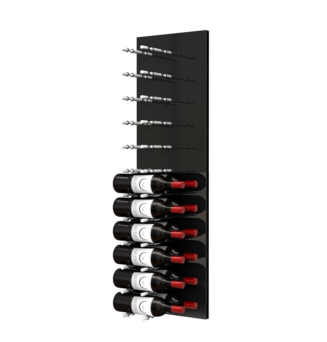 Black acrylic wine bottle wall rack with multiple bottle positions and horizontal peg rows.