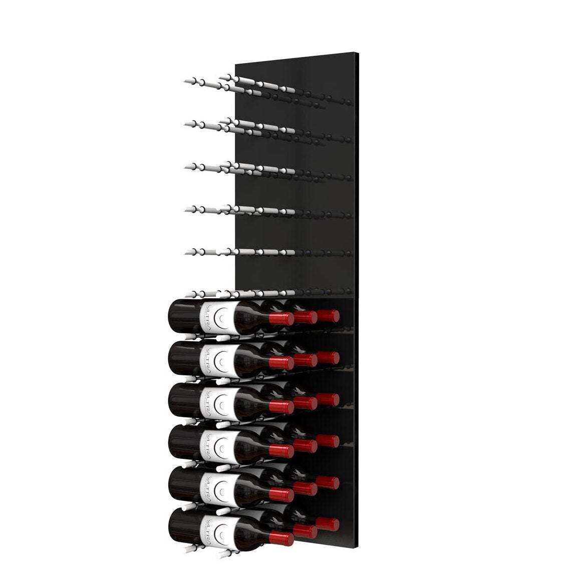 Black acrylic wine bottle wall rack with label pegs holding multiple bottles