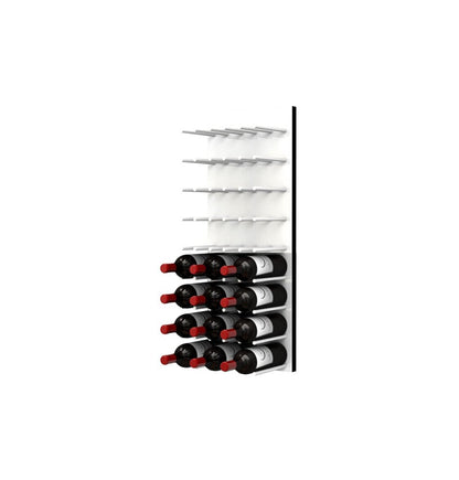 White acrylic wine bottle wall rack with cork-out pegs, holding multiple dark bottles