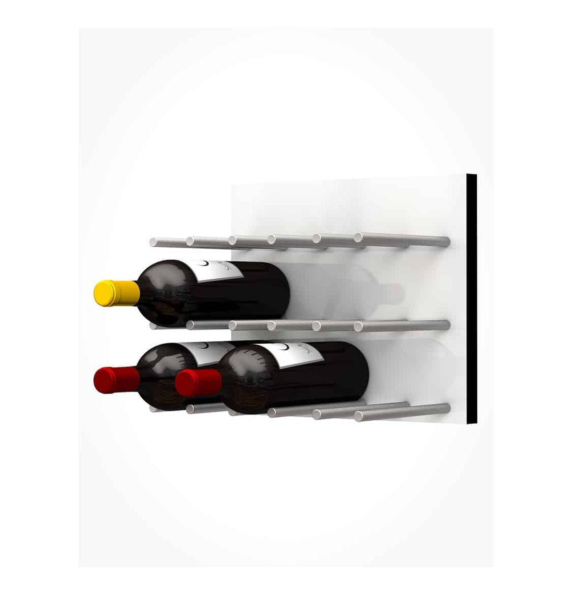 White acrylic wine rack with silver pegs, holding yellow and red bottles with dark ones