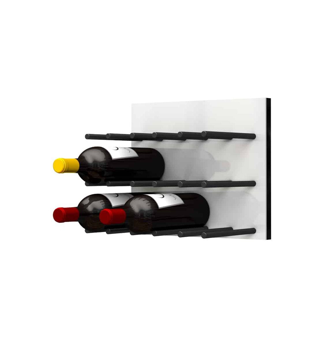 White acrylic wine rack with black pegs, holding yellow, red, and dark wine bottles